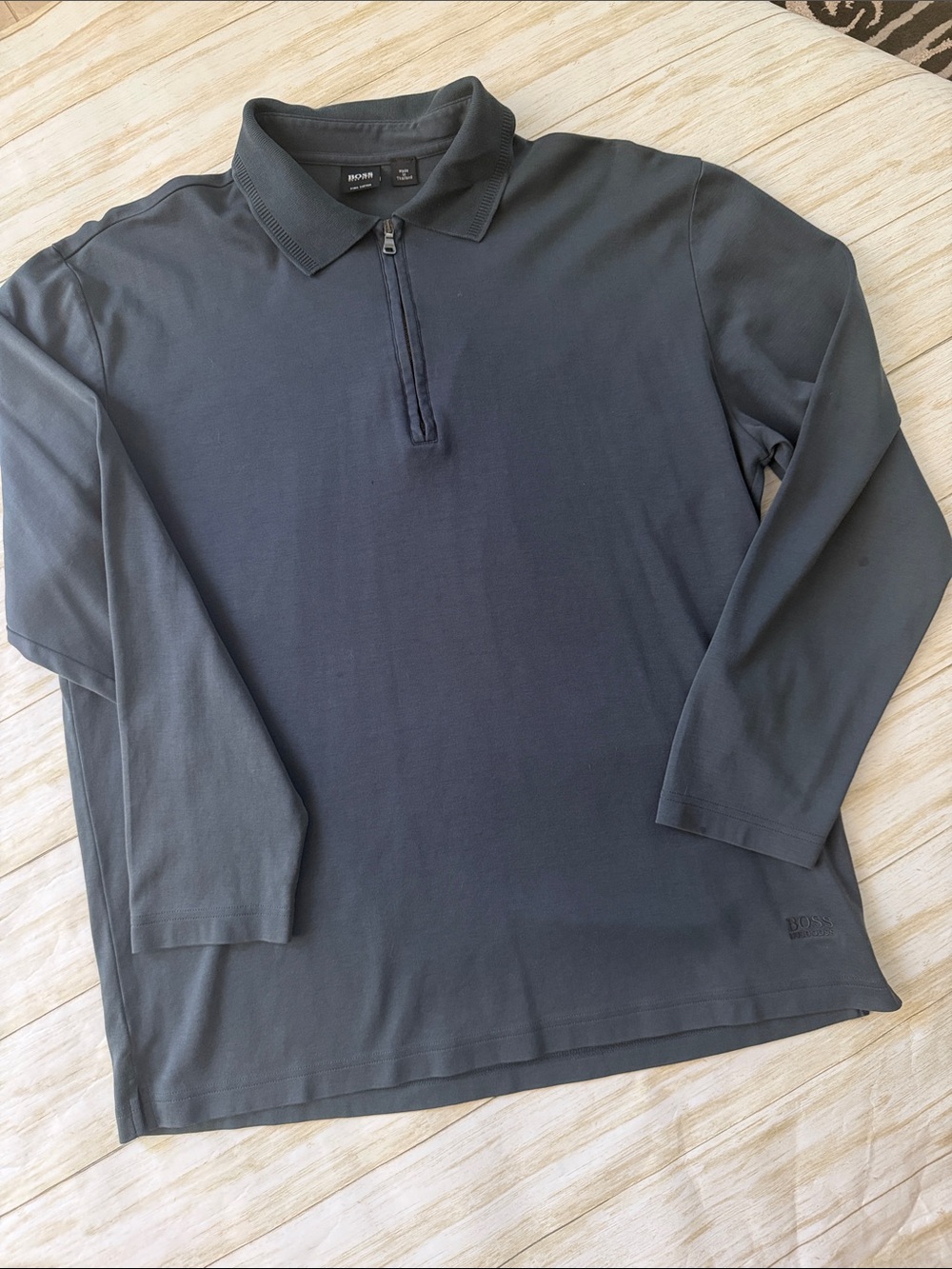 BOSS Men's Long Sleeve Zip Polo - Steel Blue Gray large